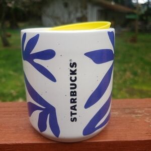 Starbucks Mothers Day 2021 White & Blue Leaf Ceramic Cup W/ Yellow Lid - 8 fl oz